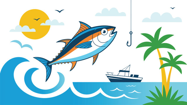 Colorful tuna fishing vector illustration with ocean waves boat tropical island sunset and jumping fish marine scene design