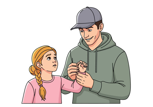 Father Tending to Daughter's Injured Hand, Parenting Care and First Aid Concept Illustration Isolated on White
