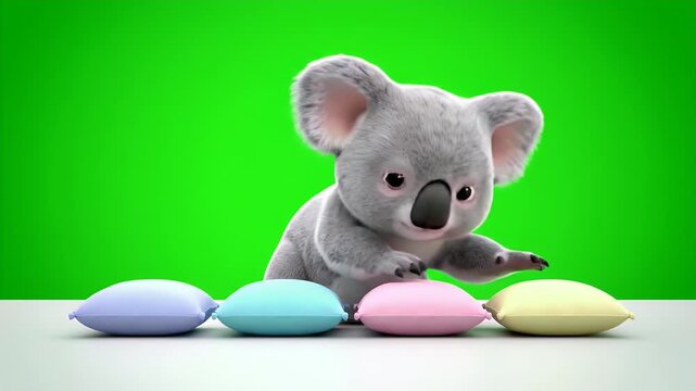 Charming 3D Render of a Fluffy Baby Koala Bear Reaching Out to Select from a Row of Pastel Color Pillows Against a Vibrant Green