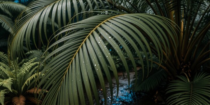 A serene tropical rainforest scene features palm leaves arranged in a circular pattern under diffused lighting.