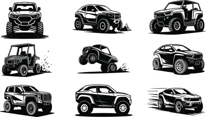 Off road 4x4 vehicle icon set with SUV monster truck and ATV silhouettes isolated vector design © Afsana