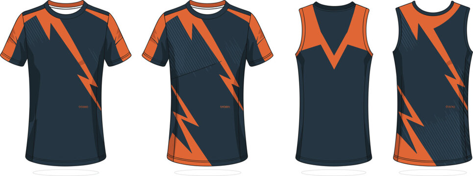 Sports jersey and singlet apparel template set with navy blue and orange lightning bolt design isolated vector