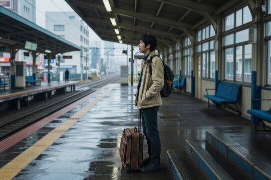 A lone traveler stands patiently on a worn train platform under a grey sky, his luggage at his feet as he waits for the next arrival amidst the quiet murmur of morning commuters.