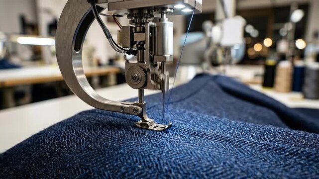 Precision sewing machine needle stitching denim fabric textile workshop industrial garment manufacture combining skilled hands and AI job
