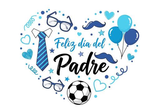 Feliz Dia del Padre Greeting Card with Blue Heart Shape Icons of Mustache, Tie, Glasses, and Soccer Ball. Vector illustration for Father's Day celebration in Spanish.