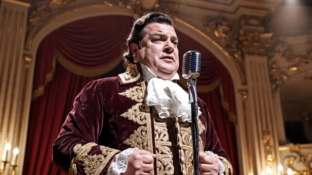 Male performer singing opera in historical costume on stage
