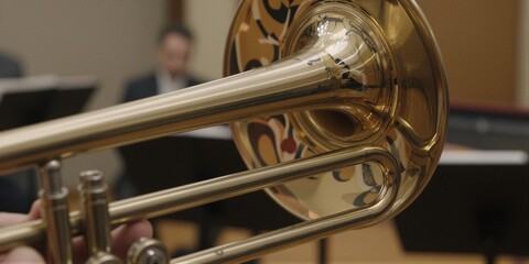 Naklejka premium A middle-aged man in a dark suit holds a shiny brass trombone, poised to play with anticipation and focus in an indoor rehearsal room.