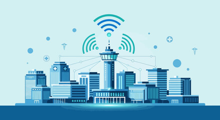 Obraz premium Smart City Technology: Connected Buildings, Wi-Fi Signals, and Futuristic Urban Network