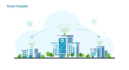 Obraz premium Smart Hospital Building with Wireless Technology and Healthcare Icons
