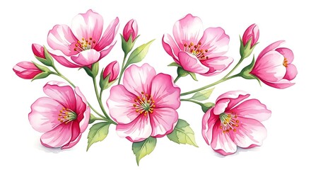 Obraz premium Watercolor illustration of pink cherry blossoms with buds and leaves
