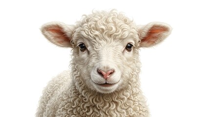 Fototapeta premium Portrait of a Cute White Lamb with Fluffy Curly Wool Isolated on White Background
