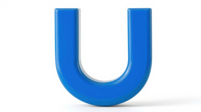 Blue letter U presented. Glossy surface reflects light. Simple design, clean background, isolated object. Minimalist aesthetic.