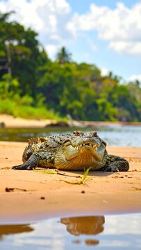 A large crocodile basks on a sandy riverbank with lush greenery