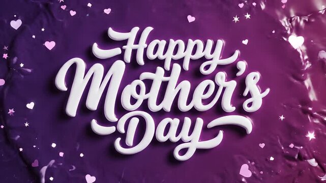 White ink swirls in purple fluid simulation, coalescing into 'Happy Mother's Day' text with floating hearts and stars; macro 4K typography with elegant rim lighting.
