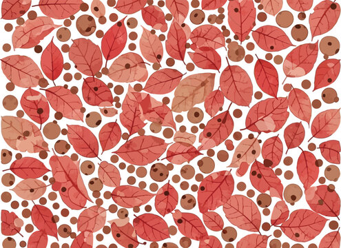 Red Leaves and Brown Acorns on White Background Pattern