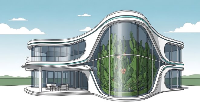 Futuristic house with green interior design.