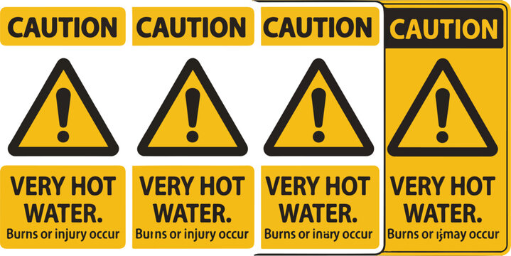 Clean vector illustration of industrial caution signs with exclamation triangle and hot water hazard warning text design