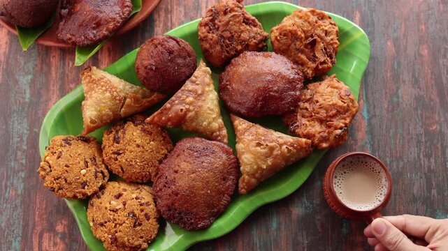 Assorted Kerala snacks Ulli vada spicy onion fritters  Parippu Vada or Paruppu Vadai made with toor dal Samosa crunchy triangular shaped wraps Neyyappam bonda and milk tea undampori. 