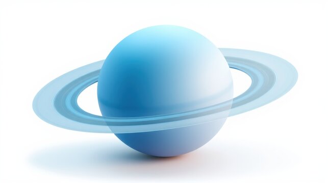 Blue planet with rings. Smooth surface, light reflection, simple design. Isolated object on white background. Minimalist illustration.