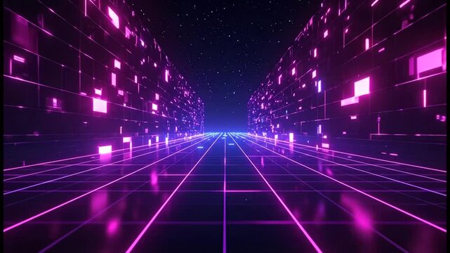 Futuristic Neon Grid Tunnel with Starry Sky Background