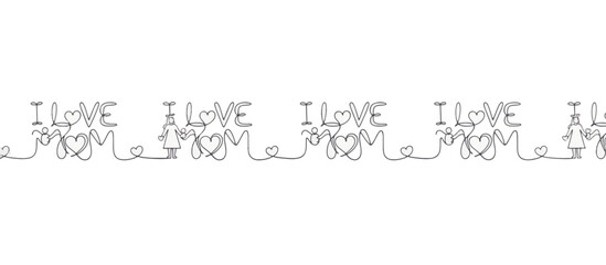 Fototapeta premium Continuous line art border with I love mom text and child drawing. Minimalist vector divider isolated on transparent background