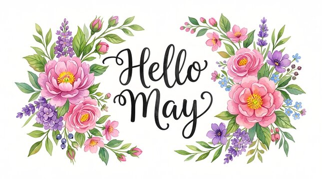 Floral Watercolor Illustration with 'Hello May' Calligraphy