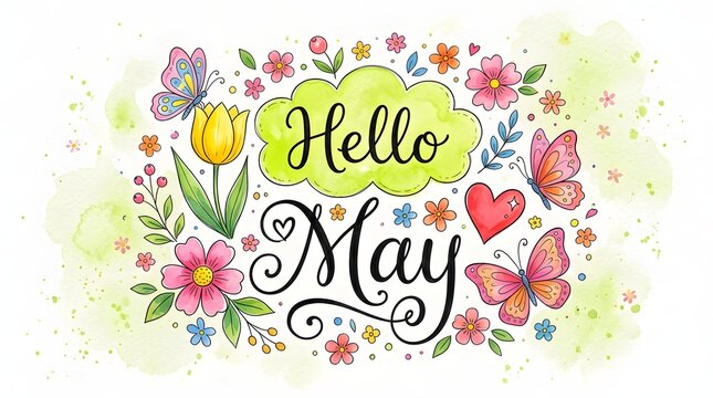 Colorful floral greeting card with butterflies and Hello May text