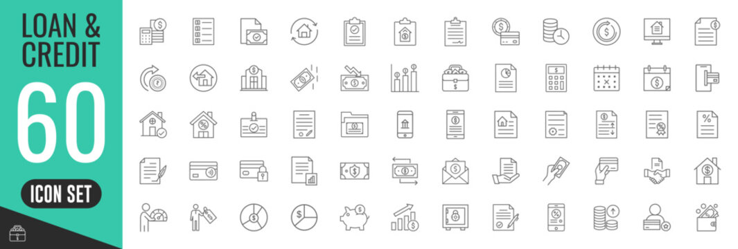 Loan and Credit thin line icons set. Mortgage, credit rating, calculator icon. Vector