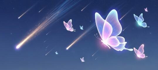 Glowing butterflies and falling stars in dark sky fantasy conceptual illustration