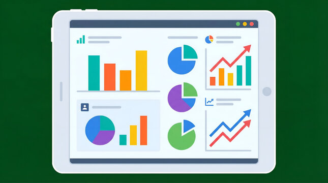 Business Data Visualization Dashboard on Tablet | Flat Design Analytics Infographic with Graphs and Charts