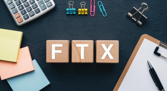 Wooden Blocks Spelling FTX Surrounded by Office Supplies on a Dark Textured Surface