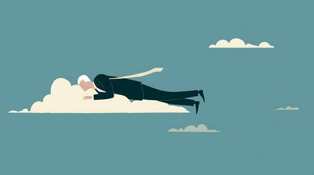 Businessman in a suit flying on a fluffy white cloud in a blue sky with small clouds in