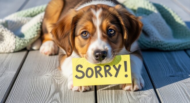 Adorable Corgi Mix Puppy Looking Sad Holding a "Sorry!" Sign on Wooden Deck
