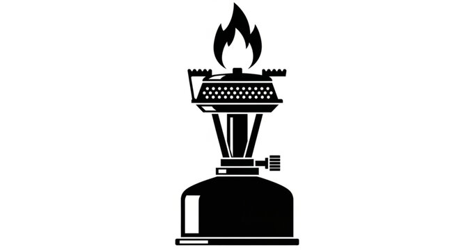 Black and White Illustration of a Camping Stove with Flame.