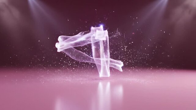 Glowing heart-shaped ribbon materializes on minimalist pink studio floor with static electricity, digital particles, and strobe flashes. Elegant 4K tracking of floating geometry.