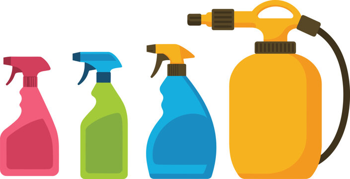 Cartoon vector illustration of spray bottles showing colorful designs for cleaning gardening and household liquid application design