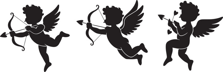 Fototapeta premium Cupid Silhouettes Set Black Vector Collection Flying Angel Love Symbols, black and white silhouette,Love Arrow Cherub Icons