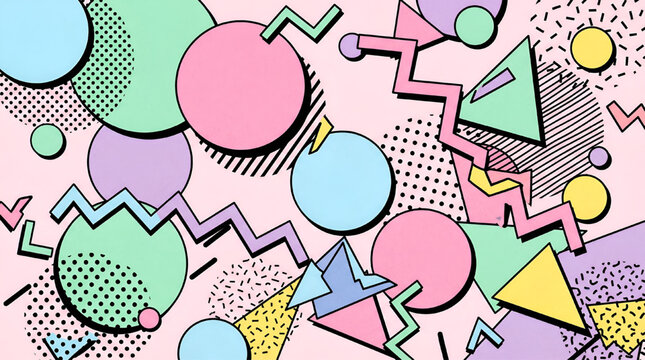 Vibrant Retro Memphis Geometric Pattern | Pastel 90s Style Shapes with Circles and Triangles on Pink Background