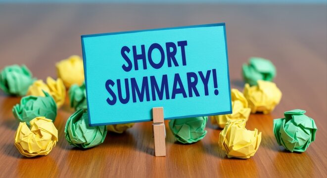 Bright Blue Card with 'Short Summary!' Message Held by Wooden Clip Surrounded by Crumpled Paper Balls