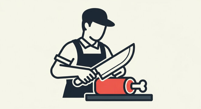 Butcher Cutting Meat Illustration - Professional Butcher at Work with Sharp Knife.