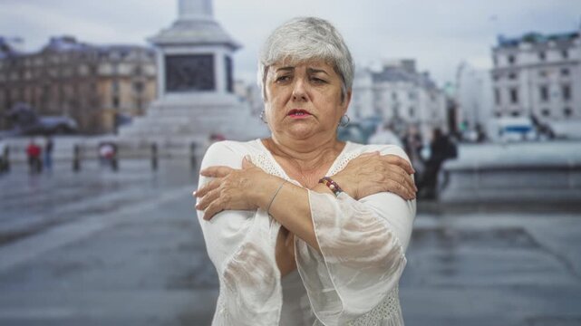Woman with arms crossed hugging chest on a street beside a stone monument, white blouse and bracelets visible, shivering in damp overcast weather; vulnerability, discomfort.