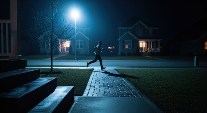 Mysterious figure flees residential street at night under the glow of a streetlamp, evoking suspense and urgency.