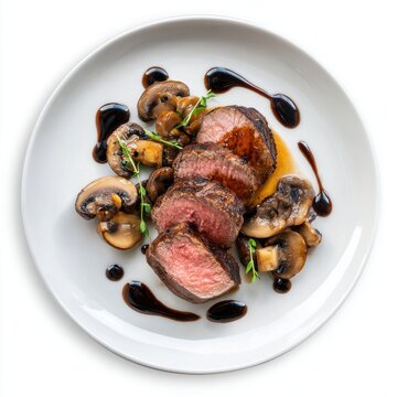 Filetto di manzo with seared beef fillet sauted mushrooms isolated on a white background