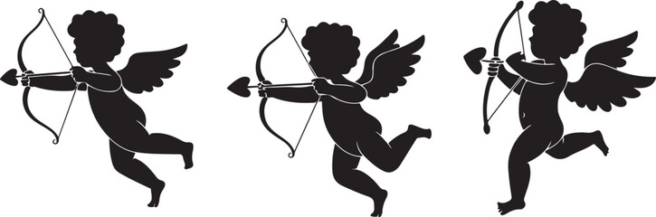 Fototapeta premium Cupid Silhouettes Set Black Vector Collection Flying Angel Love Symbols, black and white silhouette,Love Arrow Cherub Icons