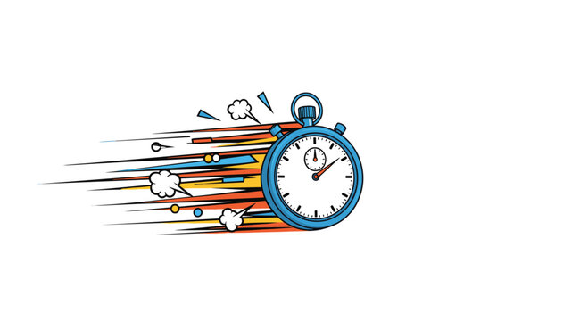 Blue stopwatch moving at high speed with motion lines and clouds representing quick time or urgent delivery services.