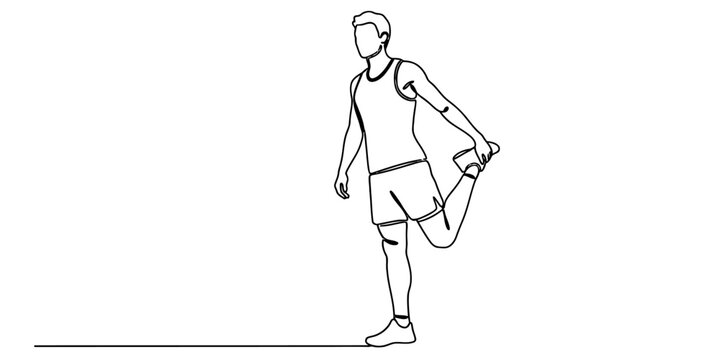 A single line drawing of an athletic man performing a standing quad stretch exercise for fitness