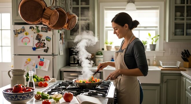 Woman cooking in a modern kitchen.