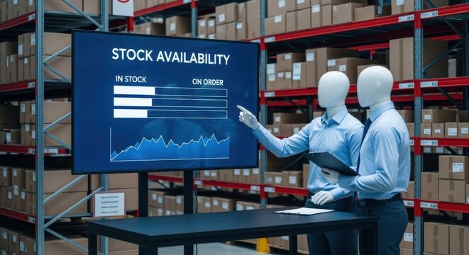 Warehouse stock availability displayed on digital screen with two professionals analyzing data