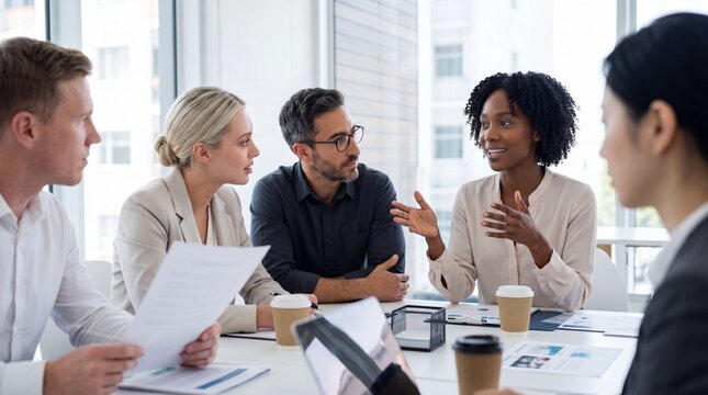 Diverse business professionals engaged in an active, focused discussion during a collaborative meeting in a modern.