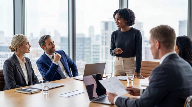 Diverse business professionals holding a dynamic meeting and presentation in a modern conference room with city views.